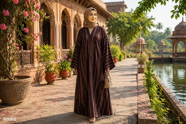 Brown Beautiful Soft Georgette Striped Front Open Abayah by Q&S Islamic Store