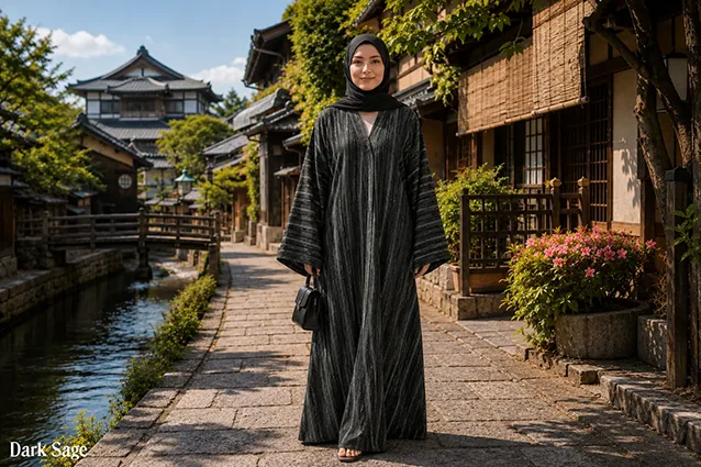 Dark Sage Beautiful Soft Georgette Striped Front Open Abayah by Q&S Islamic Store