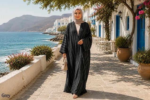 Grey Beautiful Soft Georgette Striped Front Open Abayah by Q&S Islamic Store