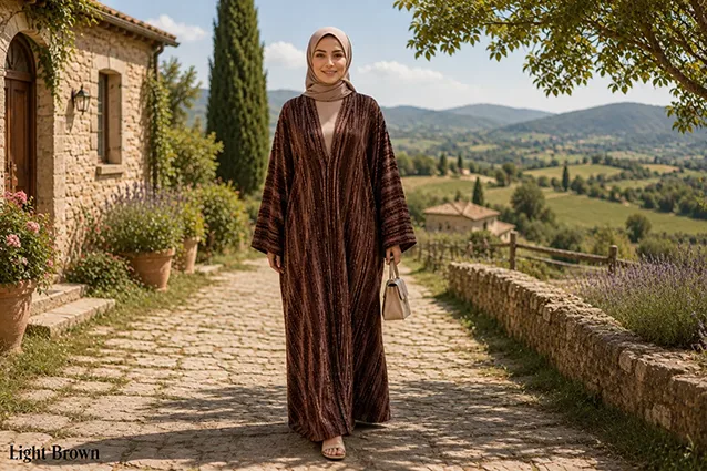 Light Brown Beautiful Soft Georgette Striped Front Open Abayah by Q&S Islamic Store