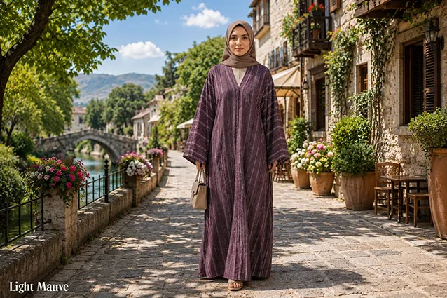 Light Mauve Beautiful Soft Georgette Striped Front Open Abayah by Q&S Islamic Store