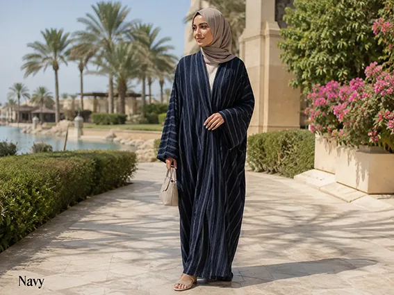 Navy Beautiful Soft Georgette Striped Front Open Abayah by Q&S Islamic Store