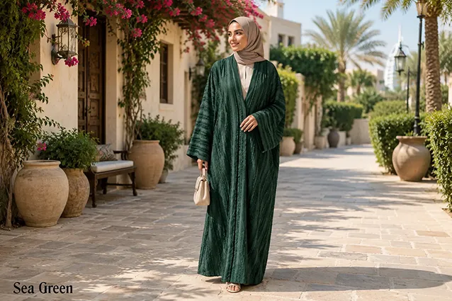 Sea Green Beautiful Soft Georgette Striped Front Open Abayah by Q&S Islamic Store
