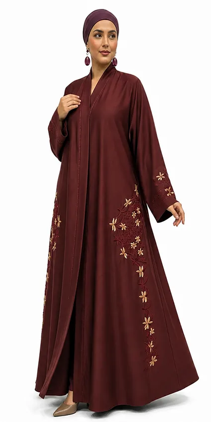 Burgundy Elegant Embroidered Zoom Open Abayah by Q&S Islamic Store