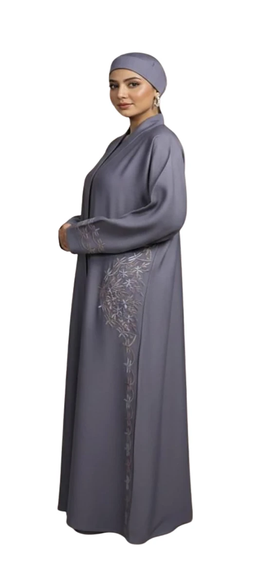Silver Elegant Embroidered Zoom Open Abayah by Q&S Islamic Store