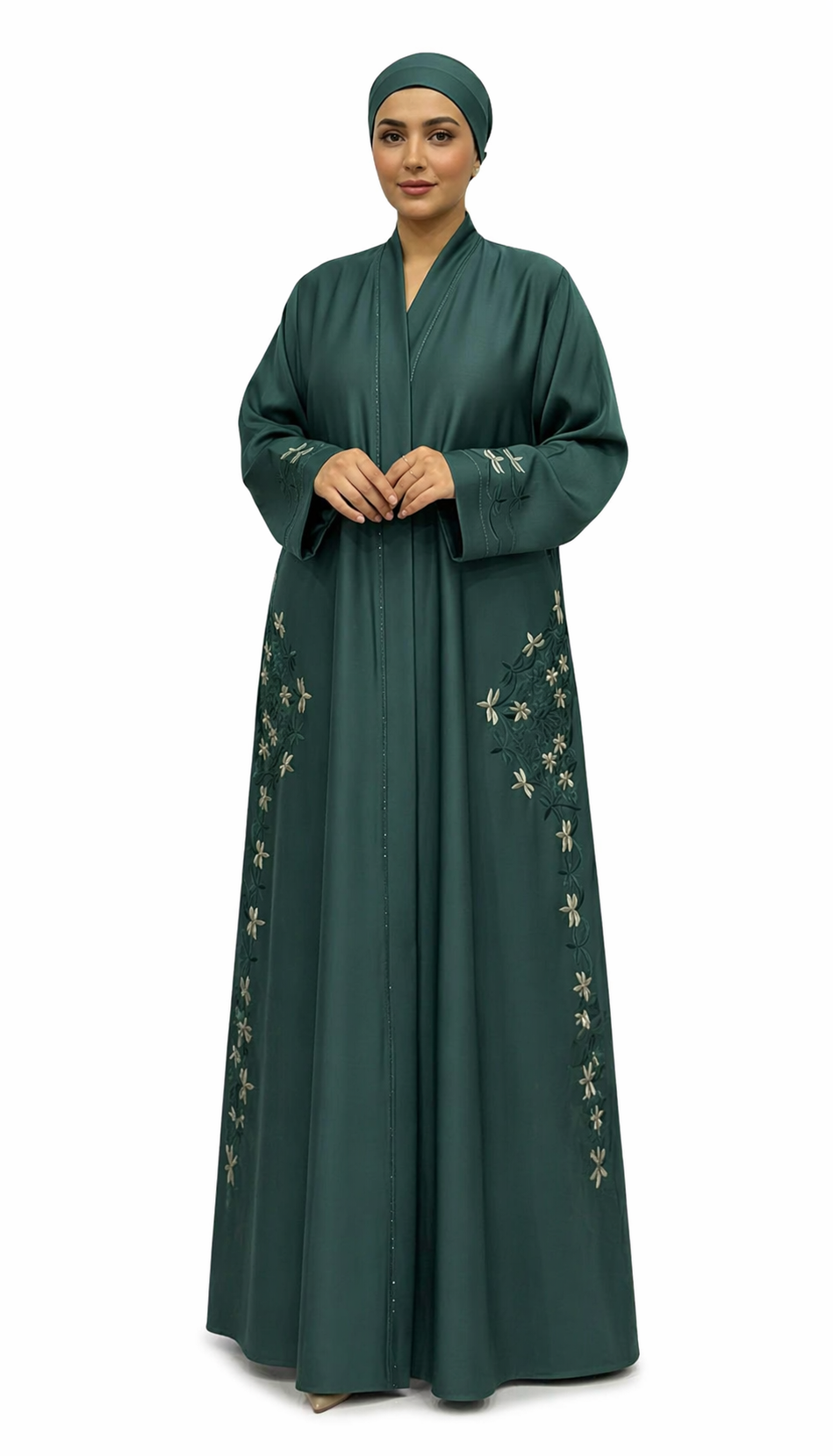 Bottle Green Elegant Embroidered Zoom Open Abayah by Q&S Islamic Store