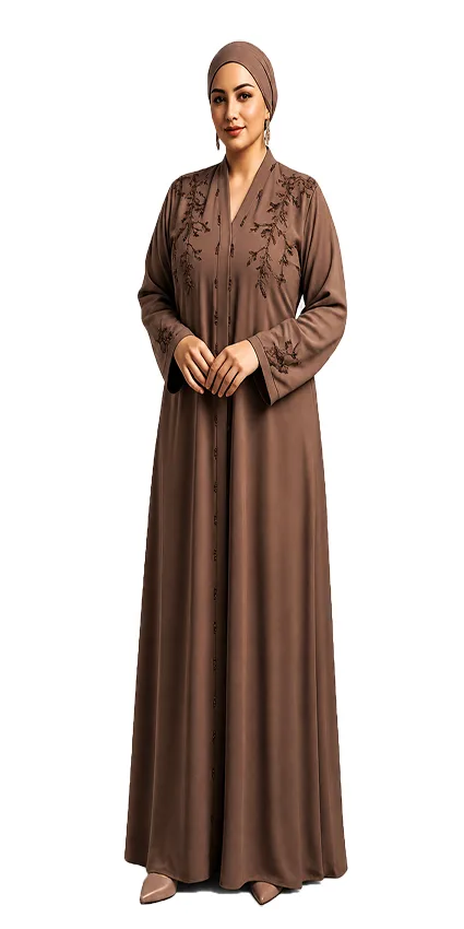 Brown Beautiful Soft Georgette Striped Front Open Abayah by Q&S Islamic Store