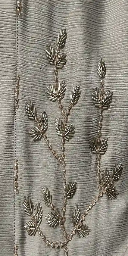 Close up of beadwork of Premium Zoom Crinkle Front Open Abayah by Q&S Islamic Store