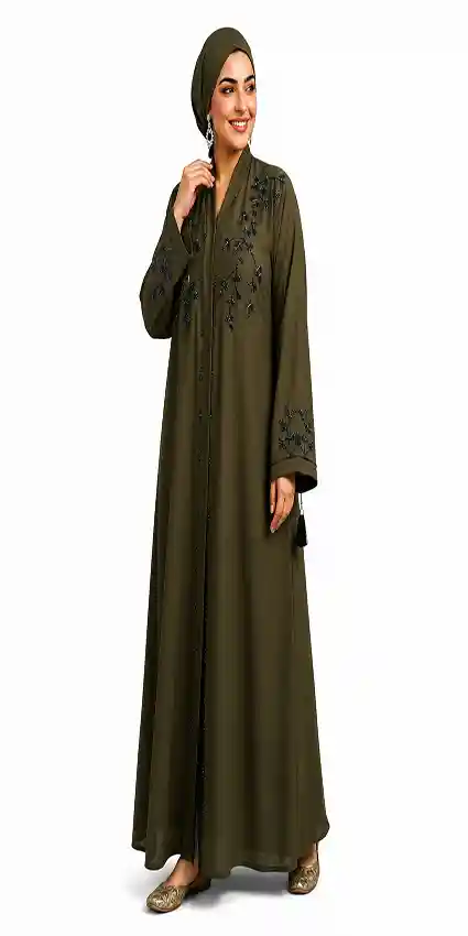 Mehndi colour Premium Zoom Crinkle Front Open Abayah by Q&S Islamic Store
