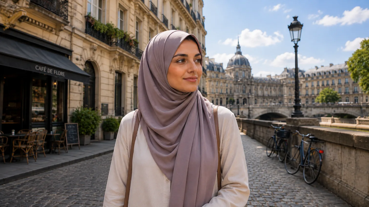A woman wearing a viscose scarf by Q&S Islamic Store.