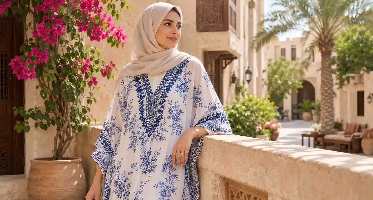 A woman wearing a kaftan by Q&S Islamic Store.