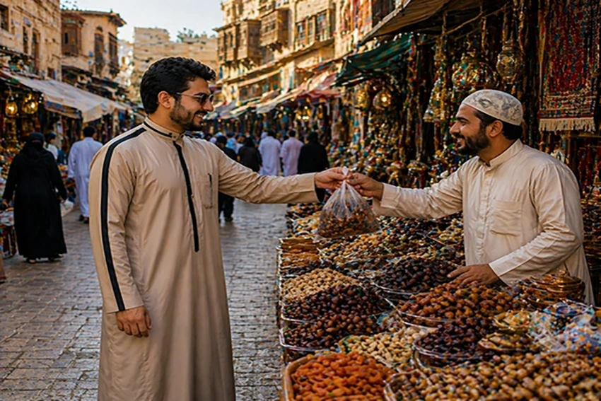 A man wearing a thobe from Q&S Islamic Store purchasing goods from a street vendor